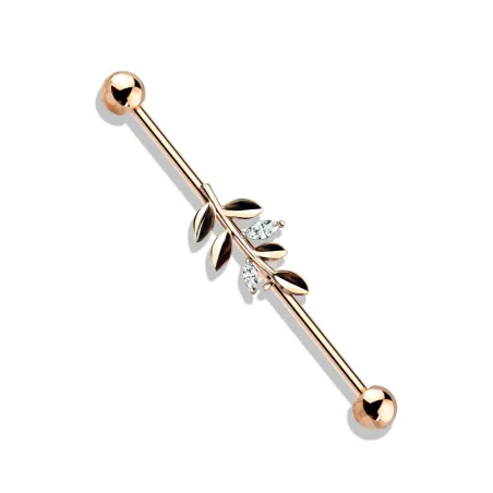 Piercing industriel oreille feuille strass plaqué or rose