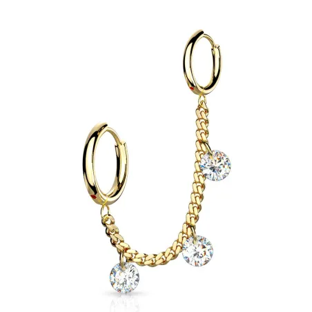 Double piercing oreille chaine strass anneaux doré