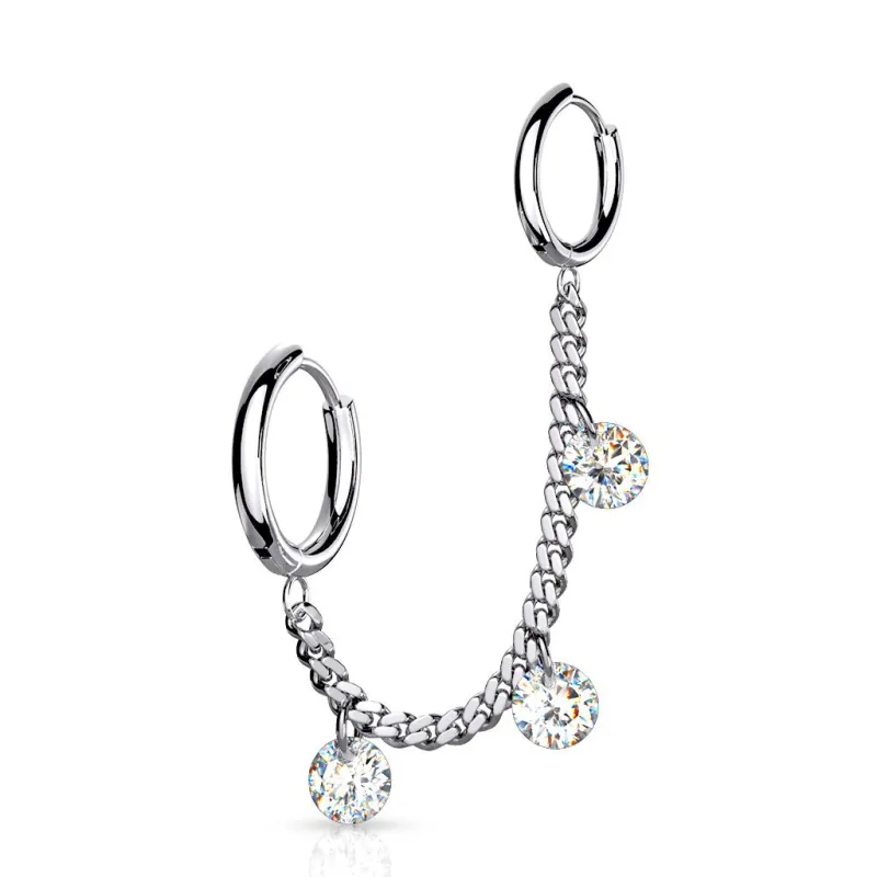 Double piercing oreille chaine strass anneaux argenté