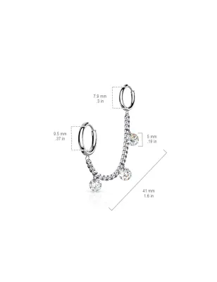 Double piercing oreille chaine strass anneaux argenté