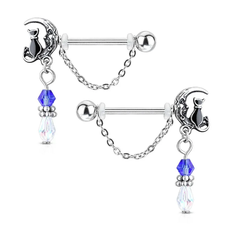 Paire de piercing téton acier avec chat sur lune