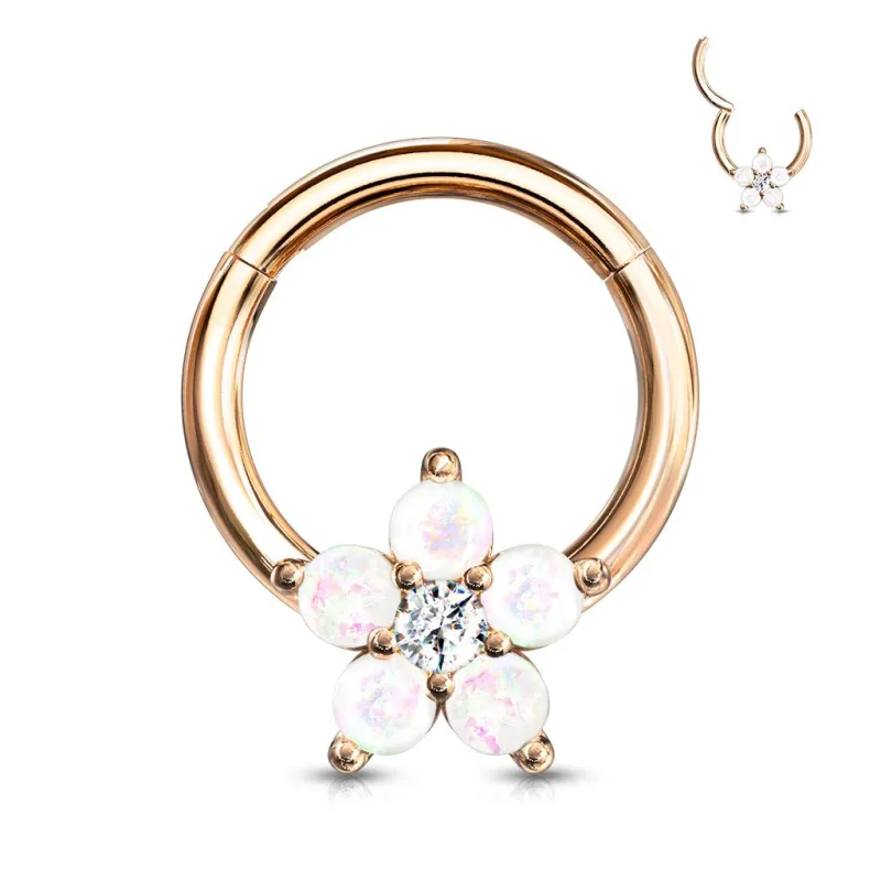 Piercing oreille anneau acier rosé fleur opalescente