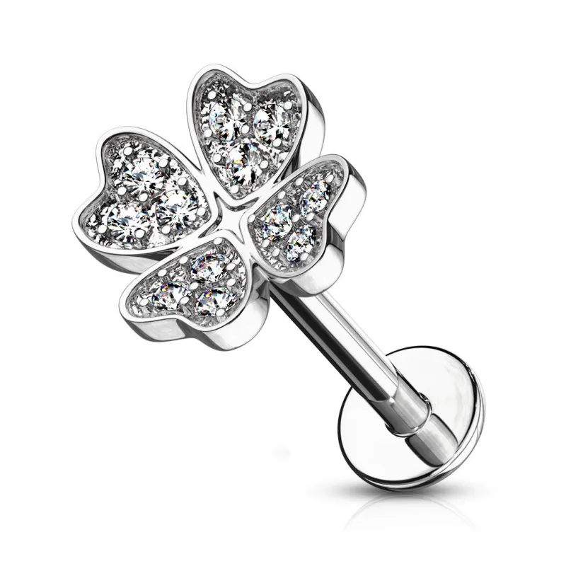 Piercing labret oreille trèfle quatre feuilles