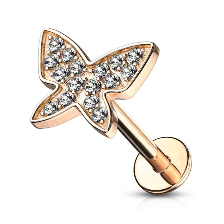 Piercing labret oreille plaqué or rose papillon