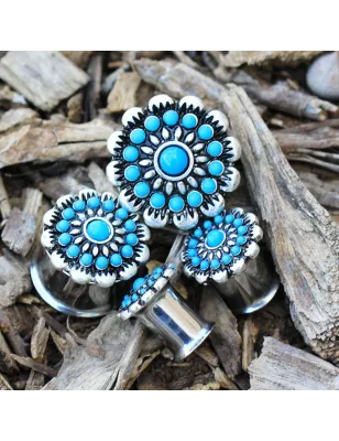 Piercing tunnel oreille fleur turquoise