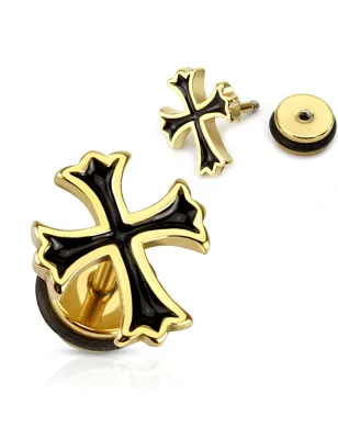 Piercing oreille faux plug doré croix noire