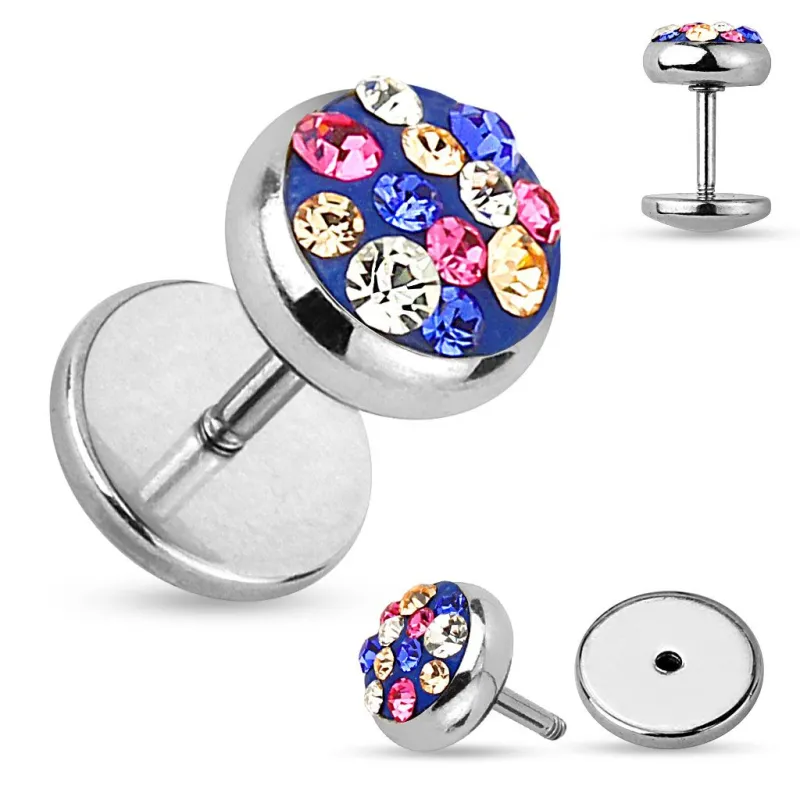 Piercing faux plug cristaux bleu et rose