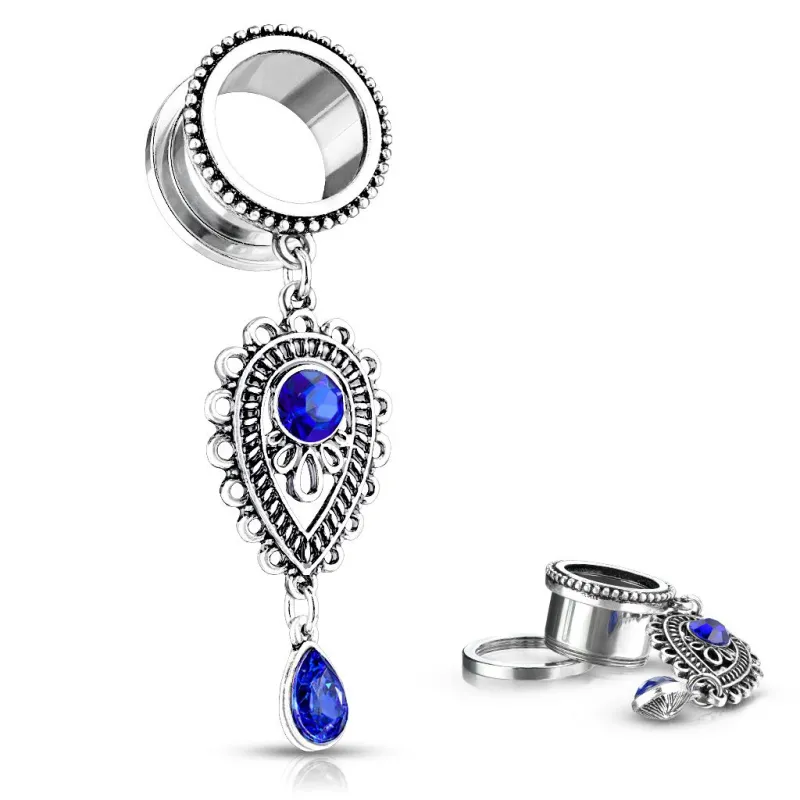 Piercing tunnel pendentif larme bleu sapphire