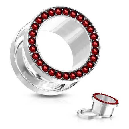 Piercing tunnel acier chirurgical ligne de strass rouge