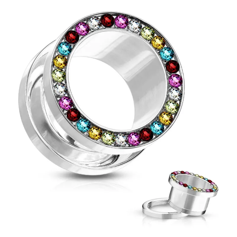 Piercing tunnel acier chirurgical ligne de strass multicolore