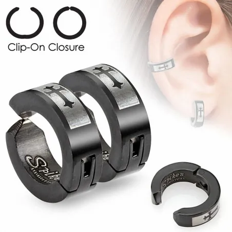 Fausses boucles d'oreilles acier noir croix