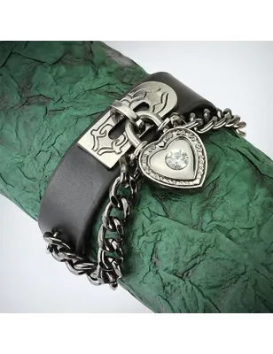 Bracelet cuir noir cadenas coeur