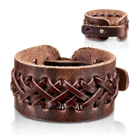 Bracelet cuir marron brins tissés