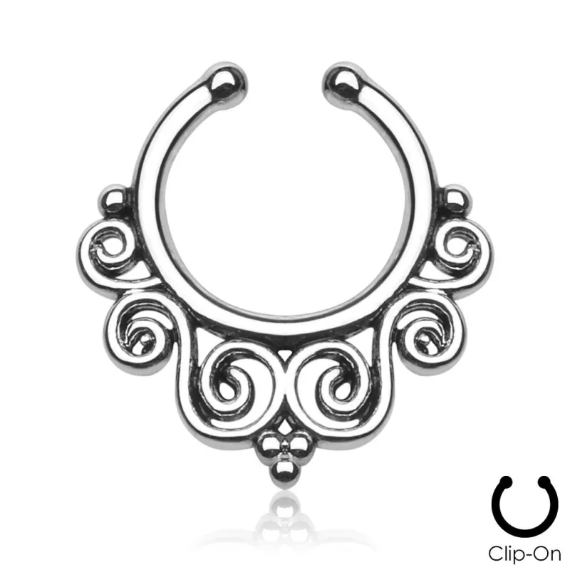 Faux piercing septum courbes tribales argenté