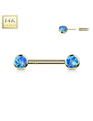 Piercing téton or jaune 14 carats opale bleue push-in