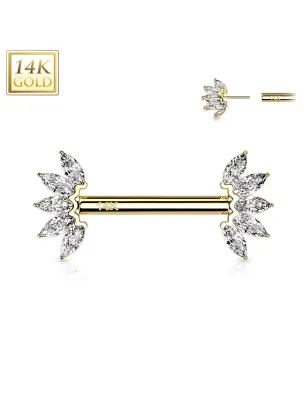 Piercing téton or jaune 14 carats éventail zircon blanc