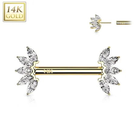 Piercing téton or jaune 14 carats éventail zircon blanc