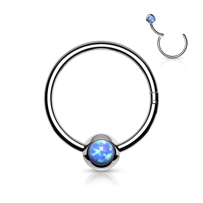 Piercing oreille anneau boule acier opale bleue