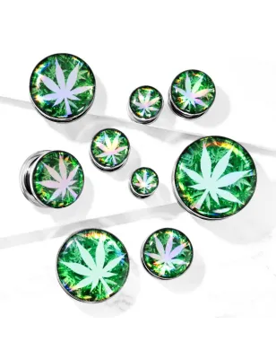 Piercing tunnel oreille cannabis holographique