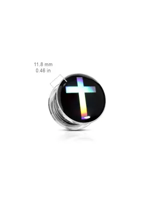 Piercing tunnel plug oreille croix holographique