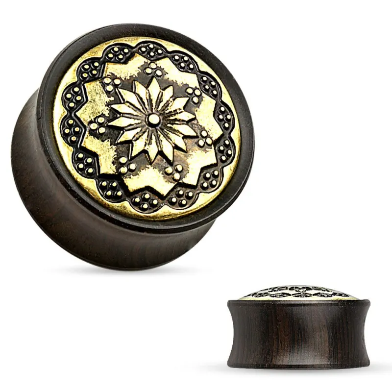 Piercing plug en bois d'ébène motif floral tribal