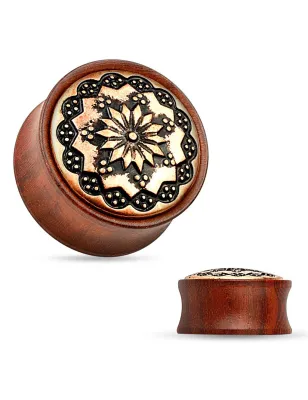 Piercing plug en bois de rose motif floral tribal