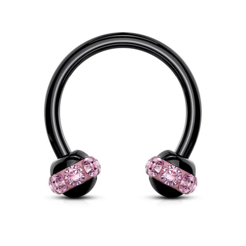 Piercing fer à cheval noir boule cristaux rose (oreille, septum)