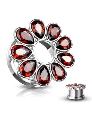 Piercing tunnel oreille fleur zircon rouge