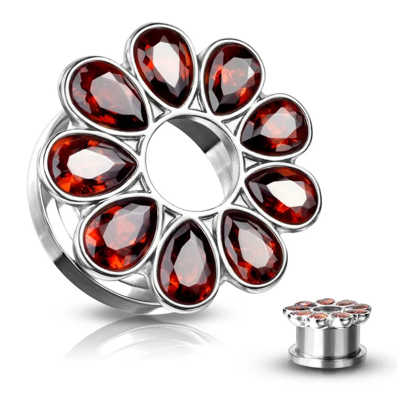 Piercing tunnel oreille fleur zircon rouge