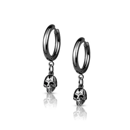 Paire boucles d'oreille anneaux noir pendentif skull