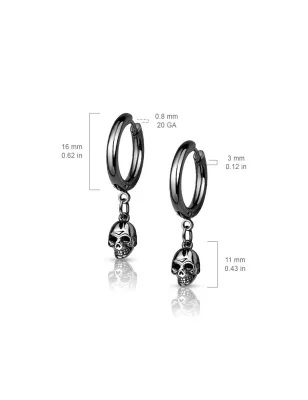 Paire boucles d'oreille anneaux noir pendentif skull