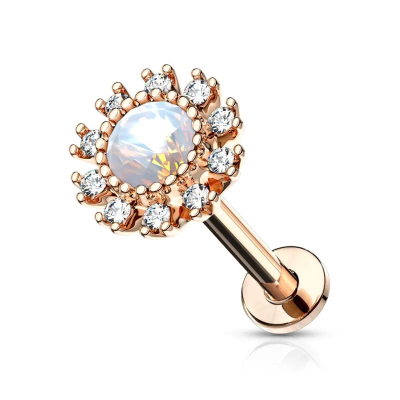 Piercing labret oreille fleur opalite plaqué or rose