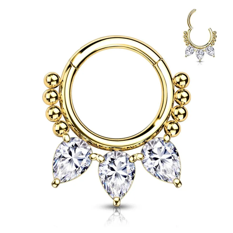 Piercing anneau segment acier plaqué or perles et poires (oreille, septum)