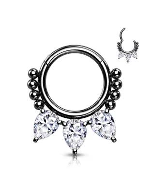 Piercing anneau segment acier noir perles et poires