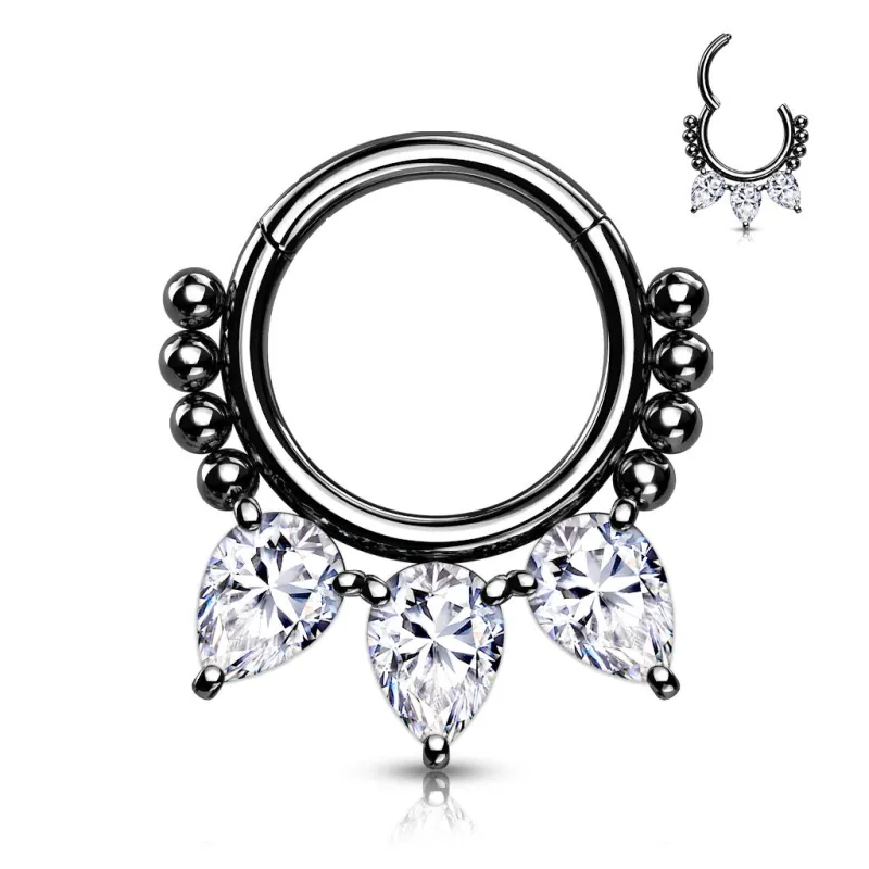 Piercing anneau segment acier noir perles et poires (oreille, septum)