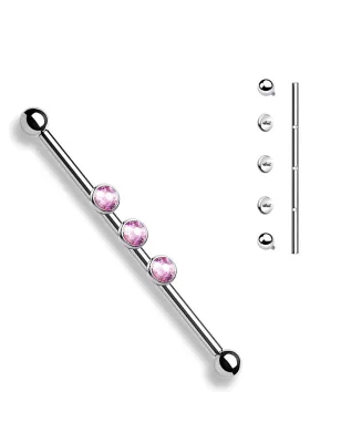 Piercing industriel oreille 3 cristaux rose