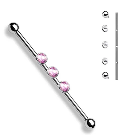 Piercing industriel oreille 3 cristaux rose