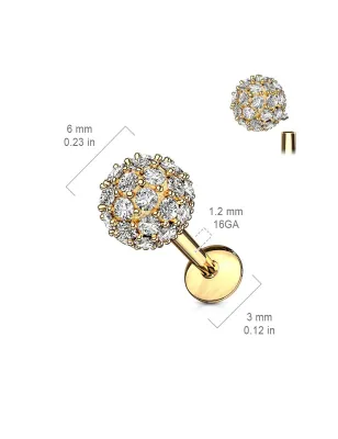 Piercing labret oreille boule pavée de strass plaqué or