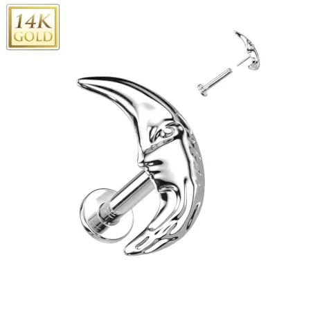 Piercing labret oreille or blanc 14 carats croissant de lune