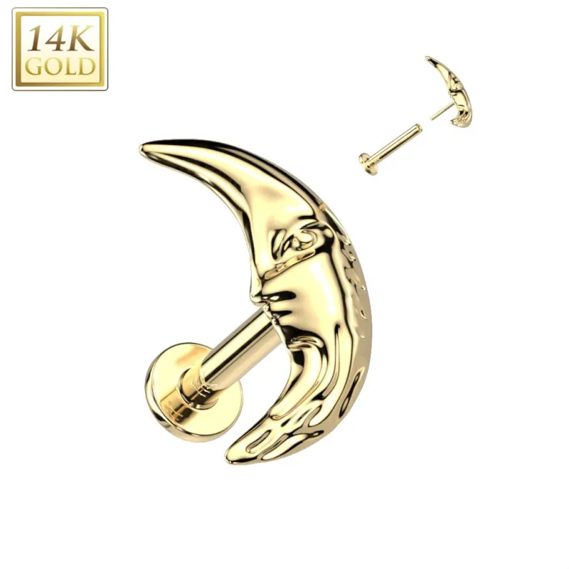 Piercing labret oreille or jaune 14 carats croissant de lune