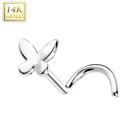 Piercing nez or blanc 14 carats tige tire-bouchon papillon