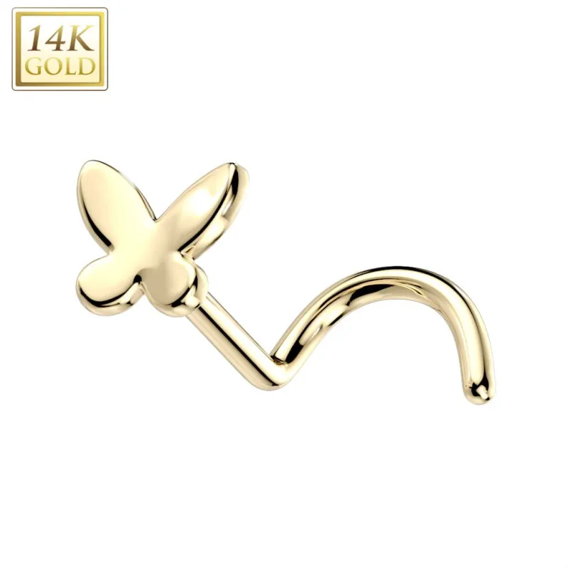 Piercing nez or jaune 14 carats tige tire-bouchon papillon