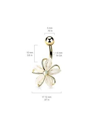 Piercing nombril fleur blanche 5 pétales plaqué or