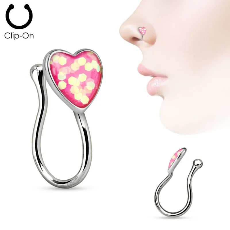 Faux piercing de nez clipsable coeur glitter rose