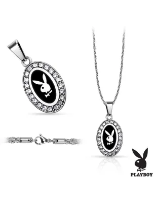 Chaine acier avec pendentif ovale Playboy noir