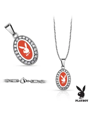 Chaine acier avec pendentif ovale Playboy rouge