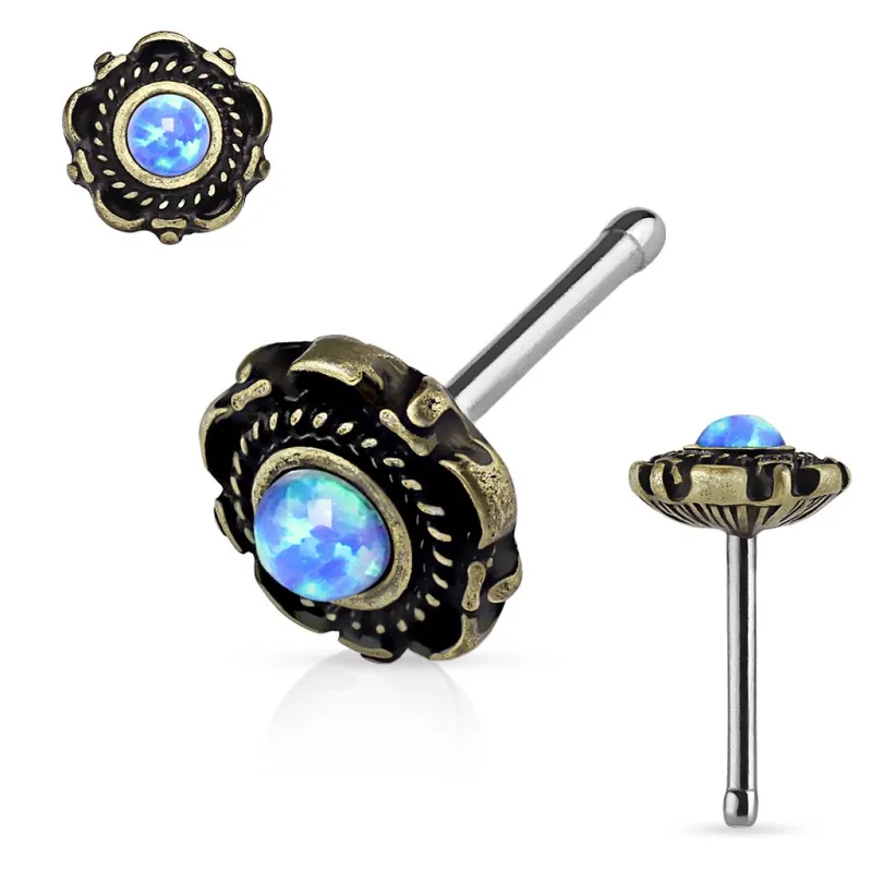 Piercing nez tige droite floral opale bleue