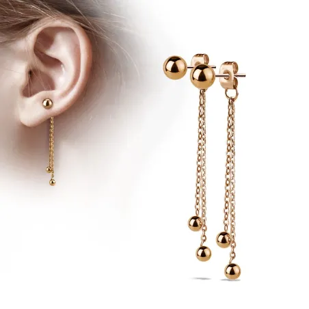 Paire Boucles d'oreille clous boule et chaines or rosé