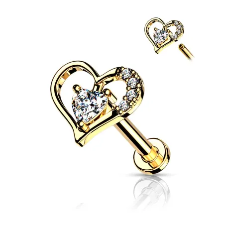 Piercing labret oreille coeur contour solitaire plaqué or