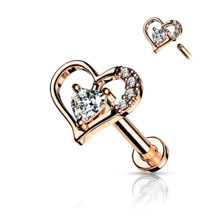 Piercing labret oreille coeur contour solitaire plaqué or rose